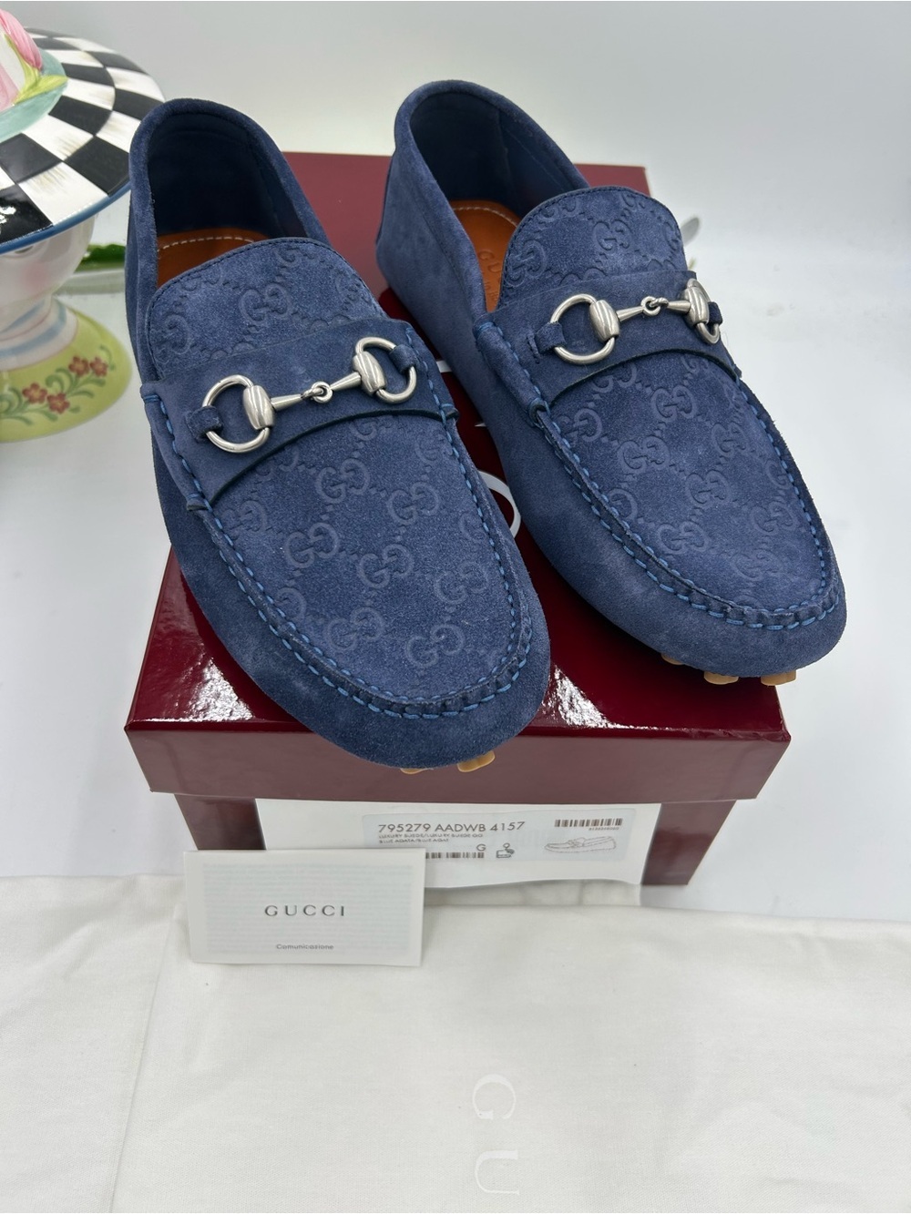 Men's Gucci GG embossed blue suede driver loafers size 9 fits 10 US made Italy